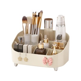DASITON Makeup Organizer for Vanity with Makeup Brush Holder,Large Capacity Cosmetic Makeup Storage Organizer,Skincare Organizer for Bedroom Dresser Bathroom Countertop,Cosmetic Display Cases(Cream)