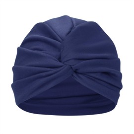 ITODA Turban Women's Fashion Cap African Headscarf Head Wrap Hat Pre-Tied Knot Sleeping Hat Cotton Turban Hat Elasitic Sleep Hat Pleated Headwear for Hair Loss Sleeping Leisure, darkblue