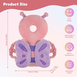 Huiguli Baby Head Protector Backpack, Adjustable Toddler Head Protection, Lightweight and Breathable PP Cotton, Baby Head Protector Safety Pads for 4-24 Months Baby Walking, Pink Butterfly