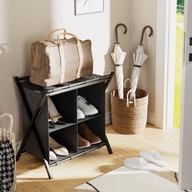 Huhote Luggage Rack for Guest Room, Set of 2, Folding Suitcase Stand with Fabric Storage Shelf, Luggage Holder, Steel Foldable Luggage Stand for Guest Room, Bedroom, Hotel, Black