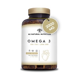 N2 Natural Nutrition Omega 3 Fish Oil 2000mg Capsules. Super Strength | 700mg EPA + 500mg DHA per Daily Serving | Supports Normal Heart, Brain & Vision Function. Heavy Metal Free. 120 Softgel | N2 Natural Nutrition