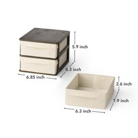 GUDEE REE Desktop Organizer Drawer Cabinet with Eco-Friendly Brown Bamboo and Cotton Linen, Stackable 2 Beige Drawers, for Office Supplies, Cosmetic Accessories, No Assembly Required