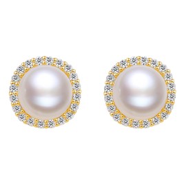 Pearl Earrings, Small Earrings, 925 Silver, Hypoallergenic, Cultured Freshwater Pearls, Round, Sun, White, Rose Gold, Gold, Rose Gold Sterling Silver Silver, Pearl
