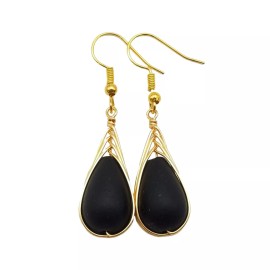 Hawaiian Jewelry Sea Glass Earrings, Gold Braided Black Seaglass Earrings,