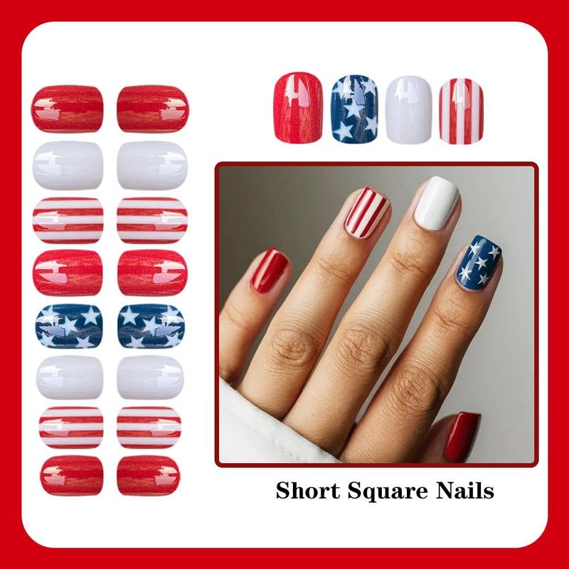 4th of July Press on Nails Short Square Red White