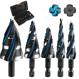 TVWVT Step Drill Bit Set, 5PCS Four Spiral Flute Step Bits for Metal, 50 Sizes Titanium-Coated HSS Drill Bits with 1/4" Hex Shank for Stainless Steel Aluminum Wood Plastic