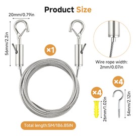 Arvoni Wire Rope Stainless Steel Set 5 m, 2 mm Stainless Steel Wire Rope with Length Adjustable Hook, Wire Rope with 2 Hooks and 4 Screws, Stainless Steel Rope for Curtain Rope, Washing Lines
