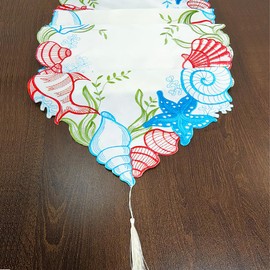AMZALI Applique Embroidered Summer Beach Table Runner 72 inches Long, Starfish Seashell Coral Scarf Cutwork Coastal Table Runners for Home Kitchen Dinning Tabletop Decorations 15"×72"