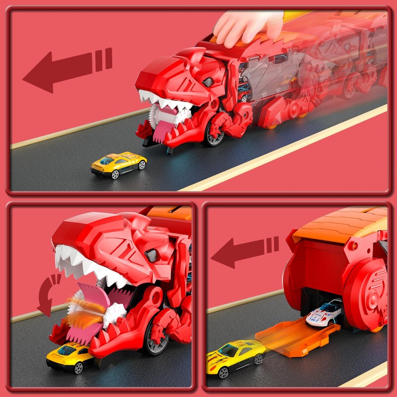 Blmukce Dinosaur Truck Toys with 12 Diecast Racing Cars (Red)