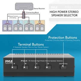 Pyle 4-Zone Speaker Switch Selector - Premium Distribution Box with A/B/C/D Switches for Multi-Channel High-Powered Stereo Amp - Supports 4 Pairs of Speakers - PSS4