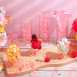 ALEXPRE 100 Pcs Pink Dessert Cups with Spoons 5 Oz Plastic Parfait Cup Disposable Appetizer Cup Round Serving Goblet Cup Dessert Cup for Party Fruit Ice Cream Mousse Pudding Appetizer Bowl (Pink)