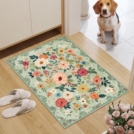 DUKINO 2x3 Rugs for Entryway, Floral Indoor Washable Door Mat, Non Slip Boho Small Rug for Kitchen, Soft Low Pile Throw Rug, Front Door Rug for Entrance, Bedroom, Kitchen, Laundry, Bathroom, Green