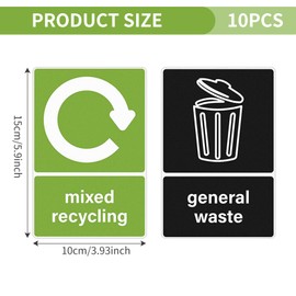 Qehyuelefu 10Pcs Recycling Bin Stickers, Mixed & General Waste, Vinyl, Informative & Simple Style, Green, 15x10cm