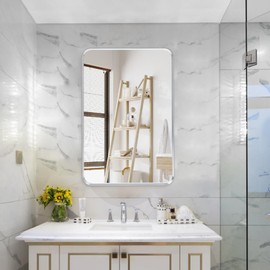 Minuover Wall Mount Mirror for Bathroom, Brushed Silver Metal Framed Rounded Corner Rectangular Vanity Mirror (24" x 36", Silver)