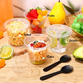 Suclain 60 Pack 8 oz Disposable Plastic Cups with Flat Lid and Sporks Set, Clear Fruit Cups, Plastic Spork, 8oz Containers with Lids and Holes for Food Appetizer Ice Cream Dessert Cold Drink