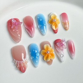 Luxury Press on Nails Medium Almond Handmade 3D Unique Reusable ABS Material Fake Nails Pink&Blue False Nails with Designs Butterfly Yellow Flower Art Petal Glossy Glue on Nails Thick Acrylic Nail