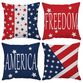 4th of July Throw Pillow Covers 18x18 Set of 4 Patriotic Pillow Covers American Flag Memorial Day Velvet Fourth of July Red White Blue Pillow Case Cushion Covers Home Outdoor Sofa Decorations