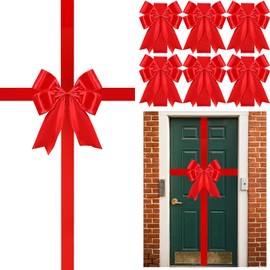 Yinkin 6 Pcs Extra Large Christmas Cabinet Door Ribbon Bow 14.1 x 6.58 ft Door Decorations for Christmas Tree Fireplace Home Front Outdoor(Red)