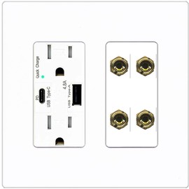 RiteAV 4 Banana 2 Speaker Surround Female Coupler Binding Post Wall Plate - USB A+C Charger Outlet [Screwless White]