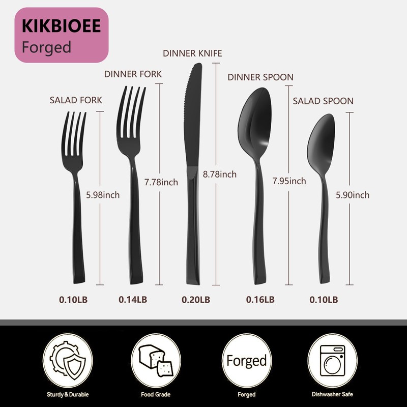 Kikbioee 20-Piece Black Silverware Set, Forged Stainless Steel Cutlery Set,