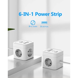 JSVER Power Strip 3 m Cube Multiple Socket 3 Compartments with USB, Desk with 3 USB Charger (15.5 W) Sockets (3680 W) with Switch for Office, Home or Travel, White