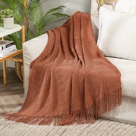 MIULEE Fall Orange Knitted Throw Blanket for Couch Textured Knit Blanket with Tassels Cozy Woven Boho Bed Blanket for Sofa Bed Chair Acrylic Wave Pattern 60"x80"