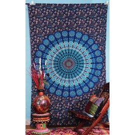 Indian hippie Bohemian Psychedelic Golden Blue Peacock Mandala Wall hanging Bedding Tapestry (Blue Green, Poster (30x40Inches)(76x101cms))