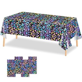 OQOQ Neon Cheetah Print Party Decorations Tablecloth (4 Packs) - 54x108 Inches Iridescent Plastic Disposable Table Cloth for Girl Sparkly Paint Splatter Leopard Safari Birthday Party Supplies