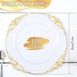 100 Set Plastic Party Plates Heavy Duty 7.5" Disposable Plate Bulk Elegant Fancy Small White Gold Rim Appetizer Dessert Plates Dinnerware for Birthday Wedding Family Gatherings Holiday Events