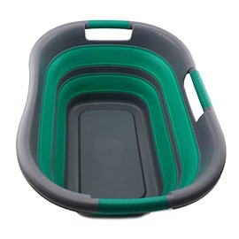 SAMMART 30L (7.9 gallon) Collapsible Plastic Laundry Basket - Foldable Pop Up Storage Container / Organizer - Portable Washing Tub - Space Saving Hamper / Basket (1, Dark Grey/Bluish-Green)