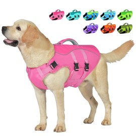 Petglad Dog Life Jacket, Reflective Dog Harness Life Vest with Rescue Handle for Swimming Boating, Adjustable High Buoyancy Flotation Swim Vest for Small Meium Large Dogs - Pink, L