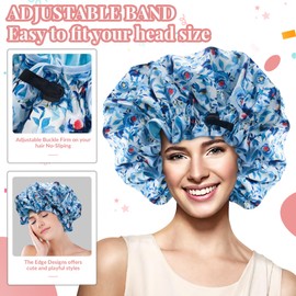 Luxury Shower Cap for Women Reusable Waterproof, 2 PCS Double Layered Shower Caps Bonnet with Adjustable Elastic Strap, Large Satin Lined Shower Bath Cap for All Hair Lengths-Ladies Gift Packing