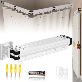 Wall Mount Folding Shower Curtain Rod, 57 Inches Shower Curtain Rod(4-Fold), Adjustable Corner Shower Curtain Rod 90 Degrees, No Drill, Space Saver, Bathroom Bathtub, Clothing Store, Dressing rooms