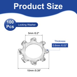 sourcing map 100 Pcs 304 Stainless Steel External Tooth Lock Washers, M5 Star Locking Washers for Screw Bolt Mechanical Equipment Fasteners, Silver
