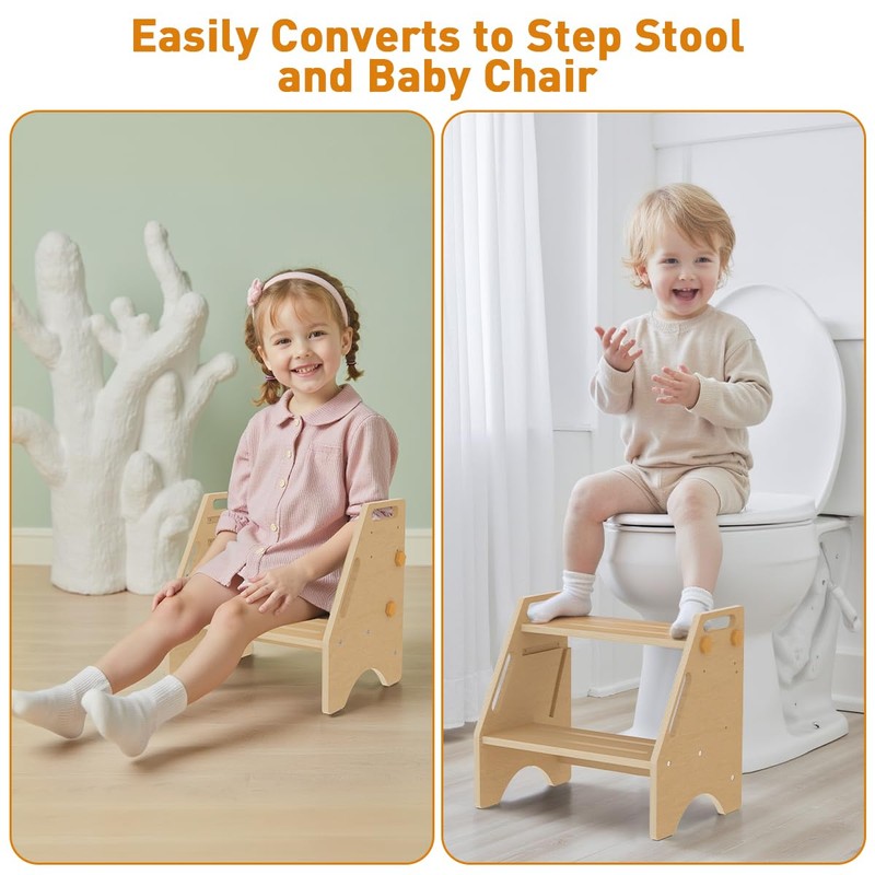 Toddler Step Stool, Wooden Height-Adjustable 2 Step Stool for Kids,