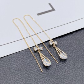 Gold Threader Bow Earrings for Women Teen Girls Long Chain Tassel Earrings Crystal Bow Drop Dangle Thread Earrings for Women Girls Gifts