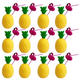 GiftExpress 12-pack Plastic Pineapple Cups with Flamingo Straws, Hawaiian Party Cups Luau Aloha Party Favor