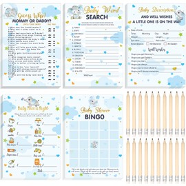 Yinder 145 Pieces Baby Shower Games for Boy or Girl Game Activities Cards with 20 Pencils Includes Baby Bingo Description and Wishes Guess Who Baby Price Is Right, Word Scramble Game (Elephant Themed)