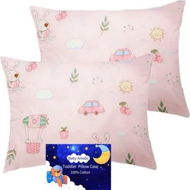 Baby Toddler Pillowcase, Cot Bed Pillow Pair Cases 40 x 60cm, 2 Pack 100% Cotton Soft Pink Pillow Cover for Girls Granddaughter Crib, Kids Pillowcase Animals with Envelope Closure, Nice