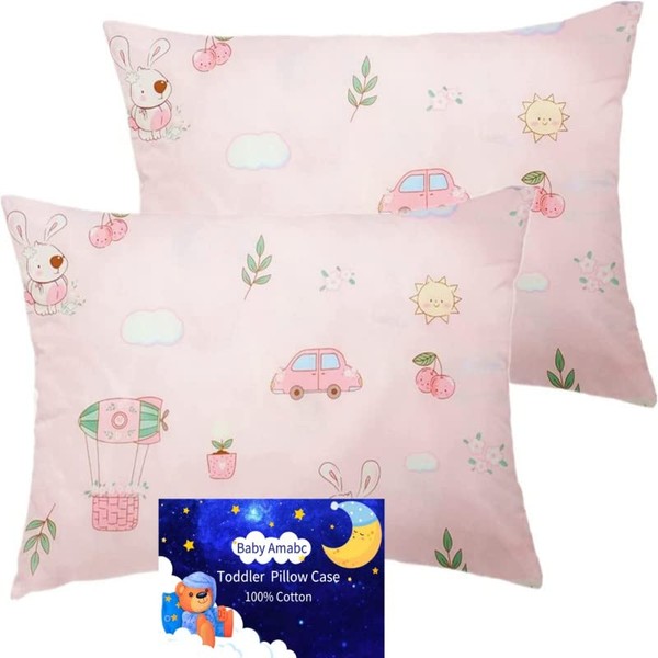 Baby Toddler Pillowcase, Cot Bed Pillow Pair Cases 40 x 60cm, 2 Pack 100% Cotton Soft Pink Pillow Cover for Girls Granddaughter Crib, Kids Pillowcase Animals with Envelope Closure, Nice