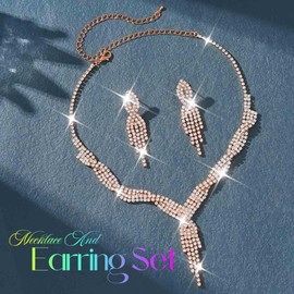 Unicra Bride Necklace Earrings Set Bridal Wedding Jewelry Sets Rhinestone Prom Costume Choker Necklaces for Women (Rose Gold)