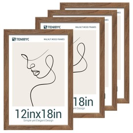TENIBYC 12x18 Frame Set of 4, Brown Grain, Walnut Wood & HD Tempered Glass, 12x18 Poster Picture Frame, Vertical & Horizontal Wall Hanging