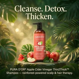 PURA D'OR Vinagre de sidra de manzana Thin2Thick Champu con biotina, aceite de ricino - para reduccion de frizz, puntas divididas - clarificacion y de