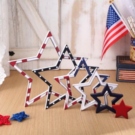 Yousoontic 6 Pcs 4th of July Wooden Star Signs Patriotic Table Decorations Indoor Vintage Red White and Blue Star Wood Blocks Tiered Tray Decor for Independence Day Shelf Centerpieces Farmhouse Home