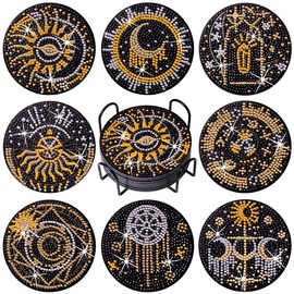 Praise V Do 8Pcs Diamond Painting Coasters Kit with Holder Cork Base, DIY Tarot Coasters Diamond Painting Kit for Beginners, Adults DIY Diamond Art Craft for Housewarming Apartment Bar