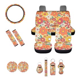 Drydeepin Aesthetic 70s 80s Groovy Hippie Daisy Flower Print Car Accessories Car Seat Covers Full Set with Steering Wheel Covers+Seat Belt Pads+Coasters+Keychain+Lipstick Holder Universal Fit(13 Pack)