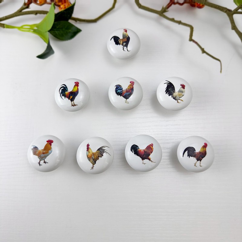 Lasyman Ceramic Animal Cabinet Knob 8Pack Rustic Farmhouse Colorful Chicken