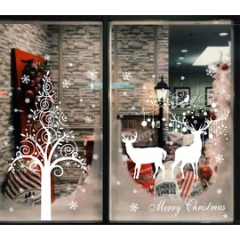 heekpek Large White Christmas Tree Reindeer Door Cover Window Stickers Removable Murals Christmas Snowflakes Window Stickers Clings Christmas Home Store Shop Window Door Decorations Window Display (A)