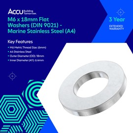 Accu - M6 x 18mm Flat Washers (DIN 9021) - Marine Stainless Steel (A4) (Pack of 50)