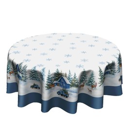 Anyako Blue and White Winter Round Tablecloth Winter Snowflakes Table Cloth 60 Inch Christmas Xmas Table Cover Winter Green Forest Tablecloth Reusable for Holiday Kitchen Dining Outdoor Indoor Decor